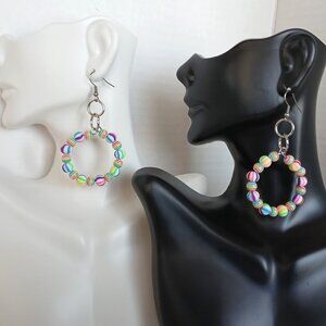 Handmade Rainbow Hoop Earrings With Round White Striped Beads Silver Hooks
